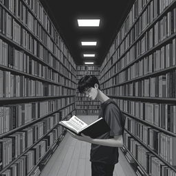 A monochromatic library filled with a vast collection of books, where a teenager is deeply engrossed in reading