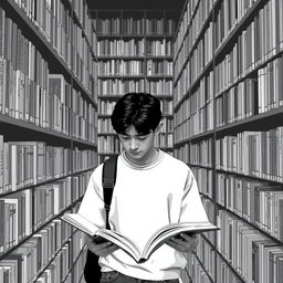 A monochromatic library filled with a vast collection of books, where a teenager is deeply engrossed in reading