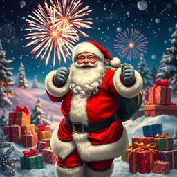 A joyful Santa Claus entering a magical, snow-covered landscape as the New Year approaches