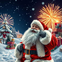 A joyful Santa Claus entering a magical, snow-covered landscape as the New Year approaches