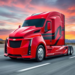 A cutting-edge semi-truck inspired by the dynamic design of the Camaro, featuring a sleek, modern aerodynamic shape with aggressive lines and contours