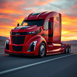 A cutting-edge semi-truck inspired by the dynamic design of the Camaro, featuring a sleek, modern aerodynamic shape with aggressive lines and contours