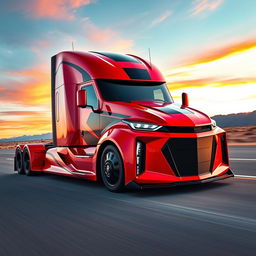 A cutting-edge semi-truck inspired by the dynamic design of the Camaro, featuring a sleek, modern aerodynamic shape with aggressive lines and contours