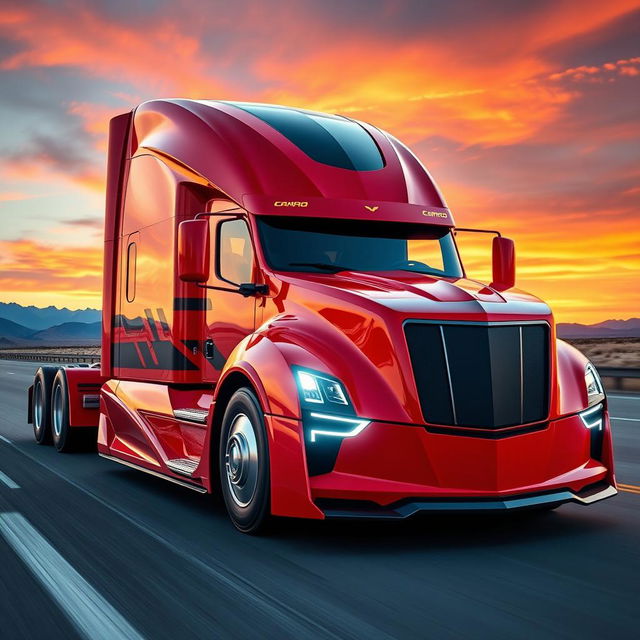 A cutting-edge semi-truck inspired by the dynamic design of the Camaro, featuring a sleek, modern aerodynamic shape with aggressive lines and contours