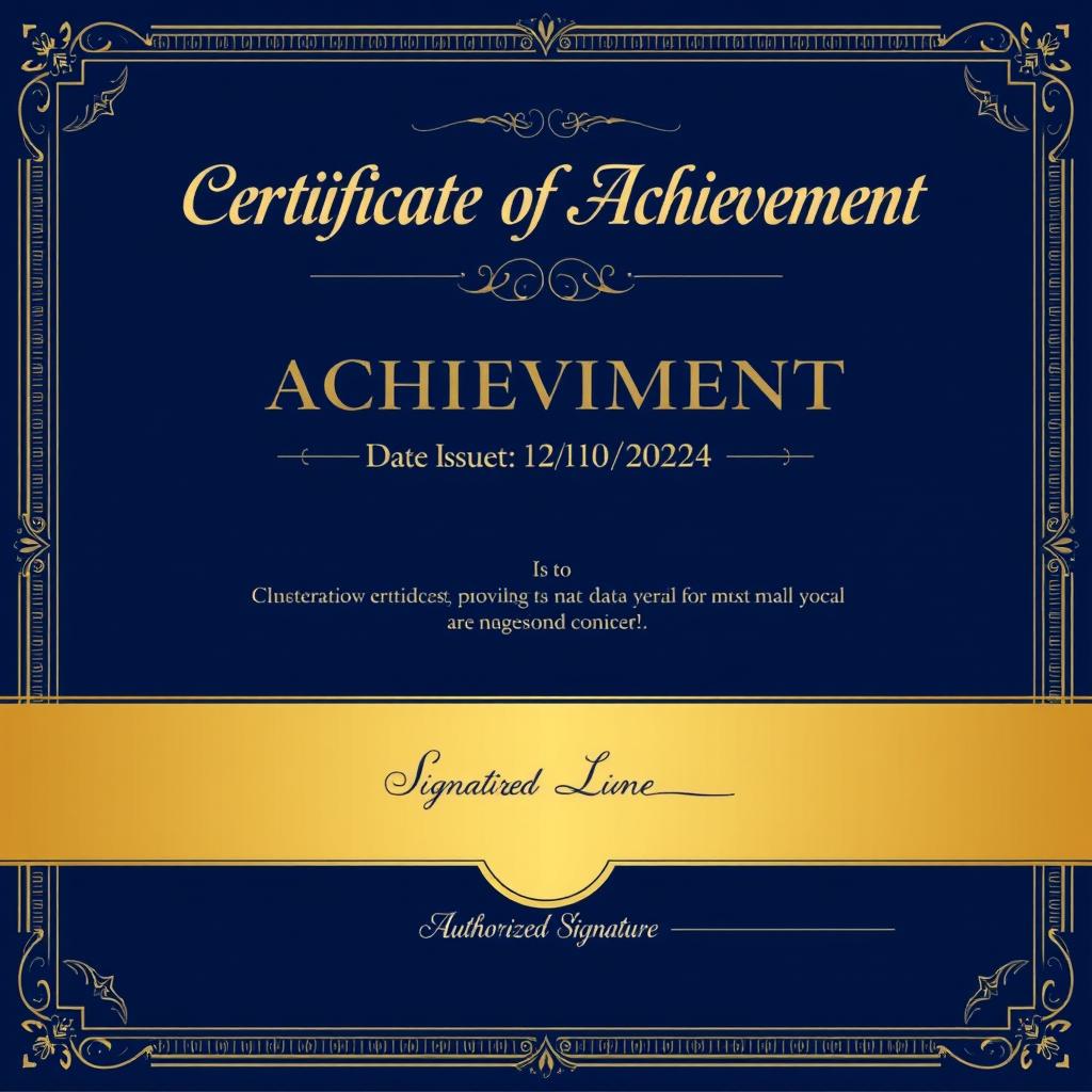 An elegant document with a professional layout, featuring a prominent header, the title 'Certificate of Achievement' written in stylish font at the top