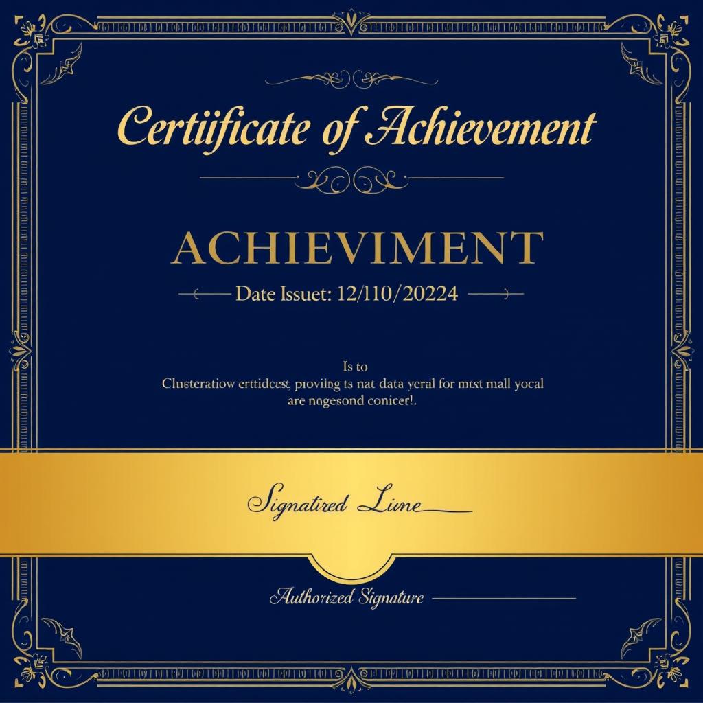 An elegant document with a professional layout, featuring a prominent header, the title 'Certificate of Achievement' written in stylish font at the top