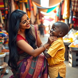 A beautiful Indian woman with long dark hair and an elegant traditional saree, playfully interacting with an African boy who has a bright smile