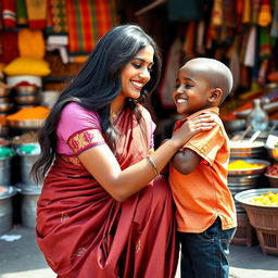 A beautiful Indian woman with long dark hair and an elegant traditional saree, playfully interacting with an African boy who has a bright smile