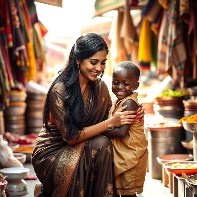 A beautiful Indian woman with long dark hair and an elegant traditional saree, playfully interacting with an African boy who has a bright smile