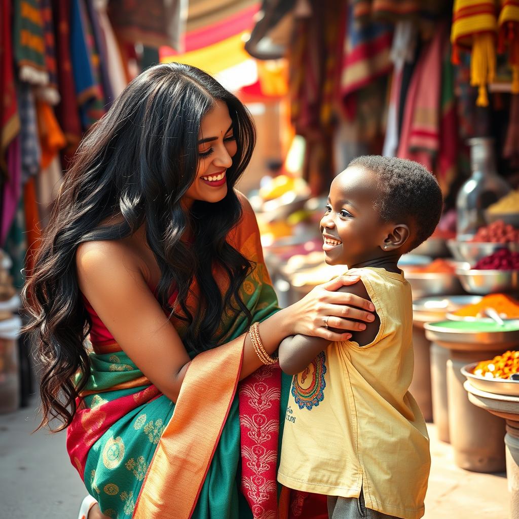 A beautiful Indian woman with long dark hair and an elegant traditional saree, playfully interacting with an African boy who has a bright smile