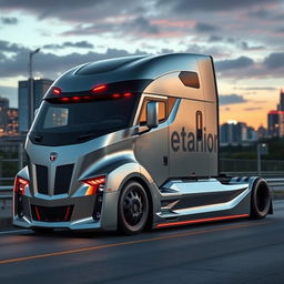 A cutting-edge semi-truck inspired by the design of the Camaro, featuring a sleek, modern profile that merges the sporty elegance of a muscle car with the practicality of a heavy-duty truck