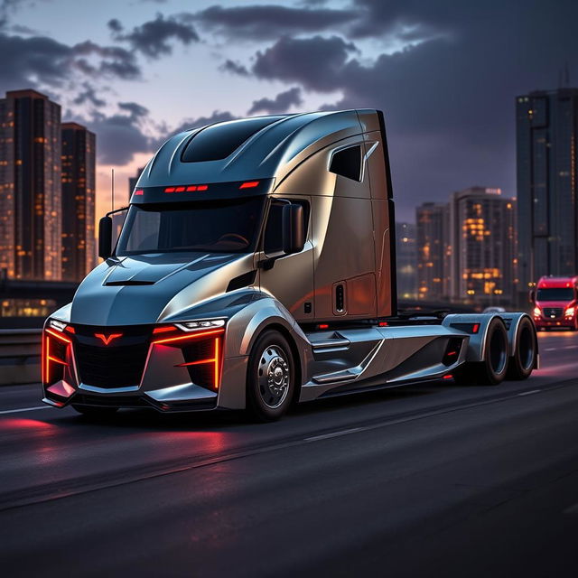 A cutting-edge semi-truck inspired by the design of the Camaro, featuring a sleek, modern profile that merges the sporty elegance of a muscle car with the practicality of a heavy-duty truck