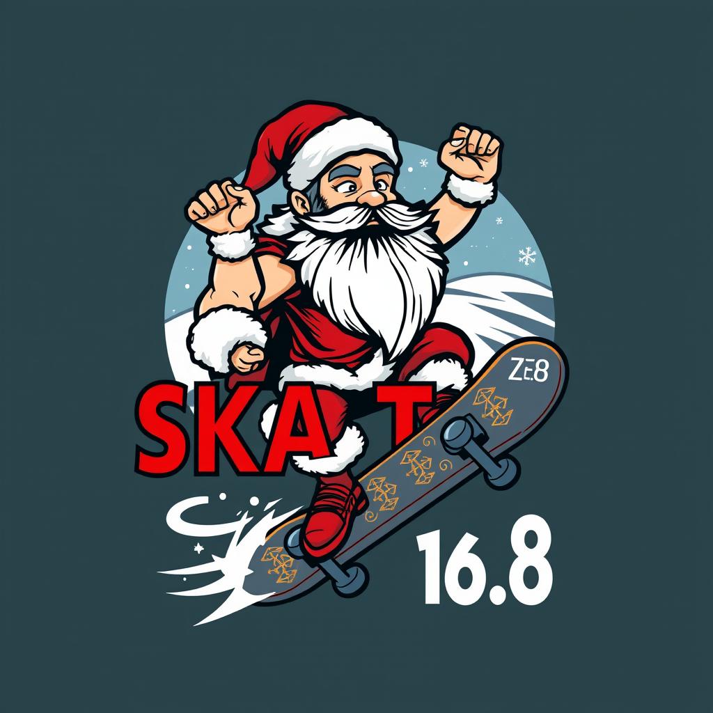 A dynamic and eye-catching logo featuring Zeus as a character dressed like Santa Claus, riding a skateboard