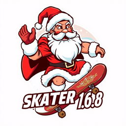 A dynamic and eye-catching logo featuring Zeus as a character dressed like Santa Claus, riding a skateboard