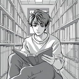 A teenager sitting in a library, deeply engaged in reading a book, surrounded by shelves filled with books