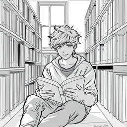 A teenager sitting in a library, deeply engaged in reading a book, surrounded by shelves filled with books
