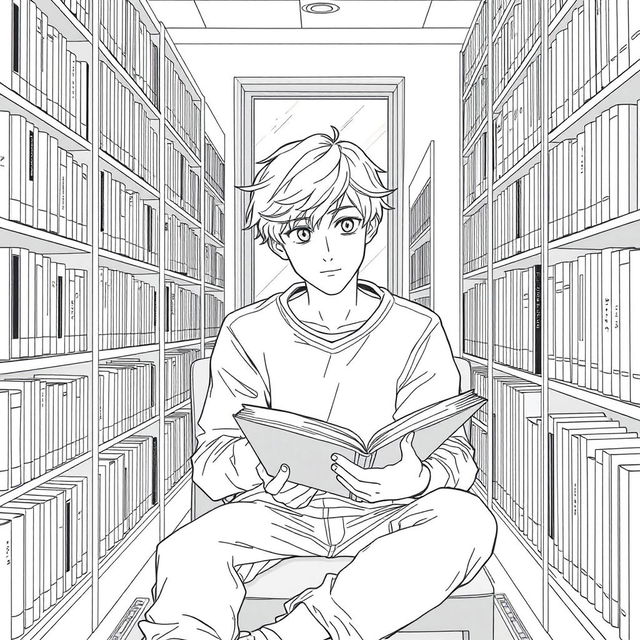 A teenager sitting in a library, deeply engaged in reading a book, surrounded by shelves filled with books