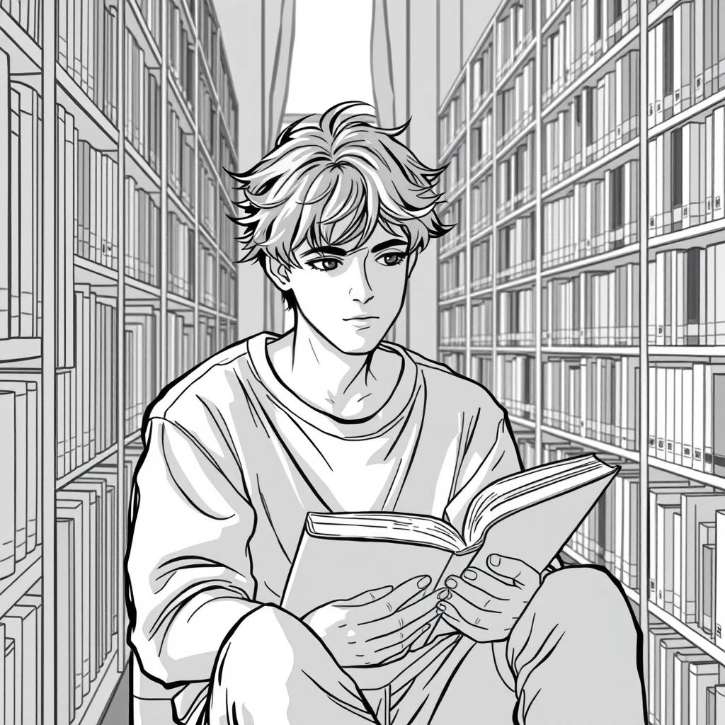 A teenager sitting in a library, deeply engaged in reading a book, surrounded by shelves filled with books