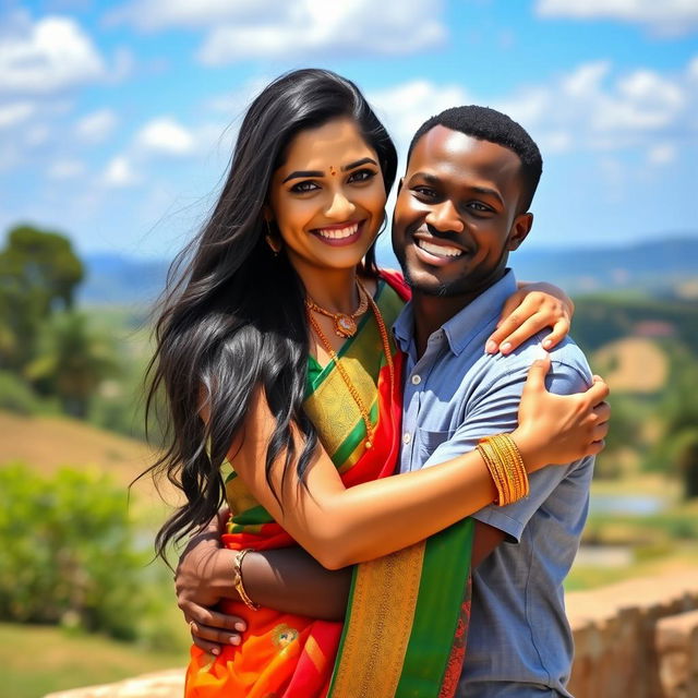 A beautiful Indian woman, elegantly dressed in traditional attire, warmly embracing her African boyfriend in a vibrant and colorful outdoor setting