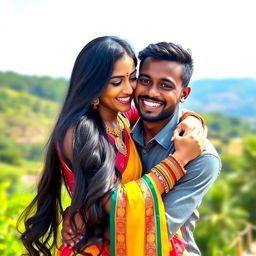 A beautiful Indian woman, elegantly dressed in traditional attire, warmly embracing her African boyfriend in a vibrant and colorful outdoor setting