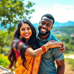A beautiful Indian woman, elegantly dressed in traditional attire, warmly embracing her African boyfriend in a vibrant and colorful outdoor setting