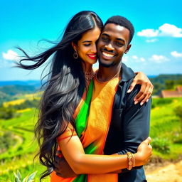 A beautiful Indian woman, elegantly dressed in traditional attire, warmly embracing her African boyfriend in a vibrant and colorful outdoor setting