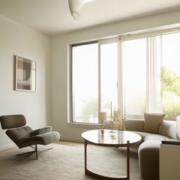 A small, modern living room with sleek furniture, minimalist décor, and ample natural light.