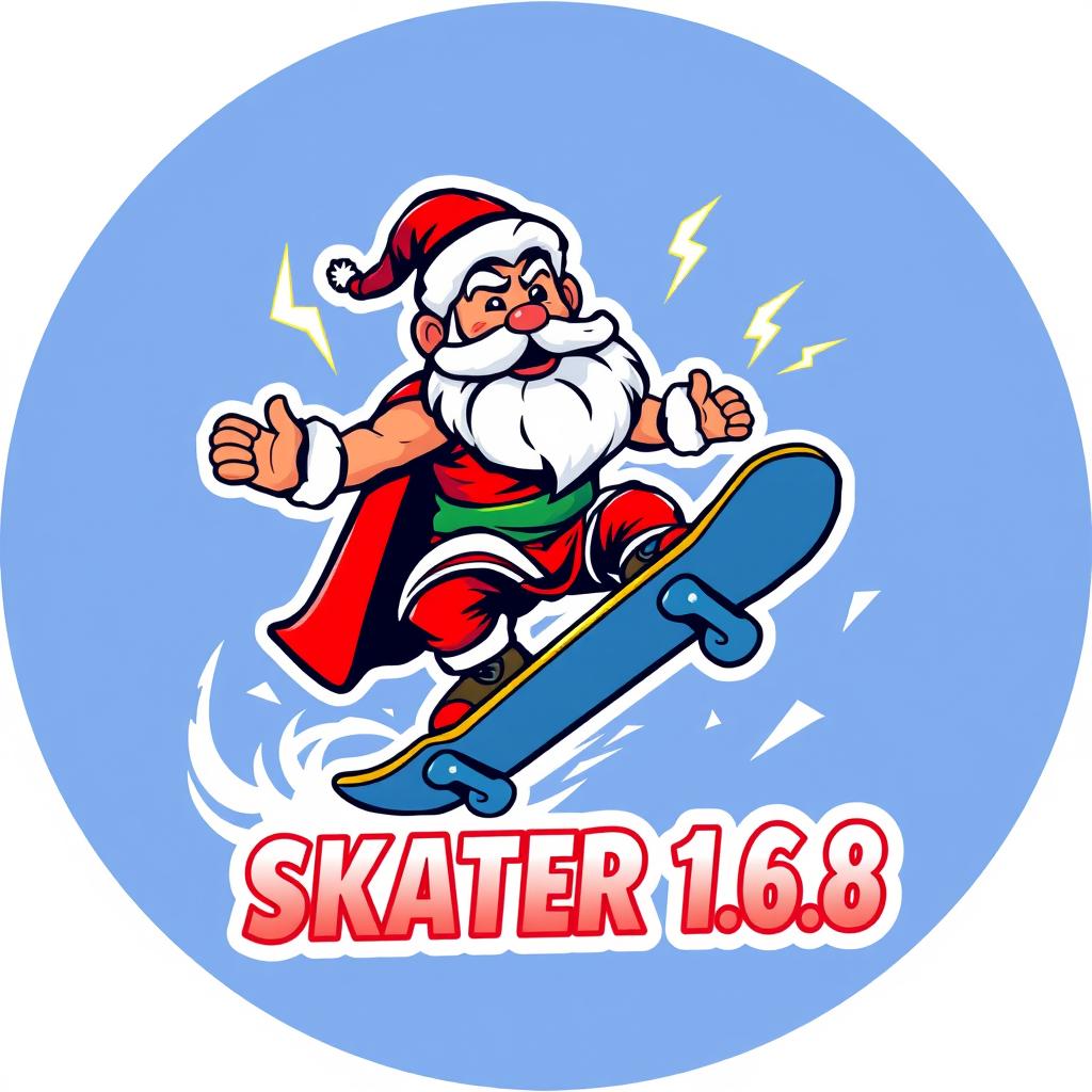 A dynamic and creative logo design featuring Zeus as a Santa Claus character, skillfully riding a skateboard