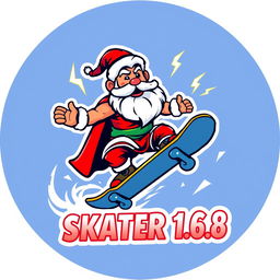 A dynamic and creative logo design featuring Zeus as a Santa Claus character, skillfully riding a skateboard