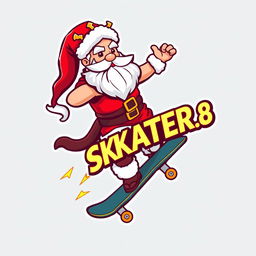A dynamic and creative logo design featuring Zeus as a Santa Claus character, skillfully riding a skateboard