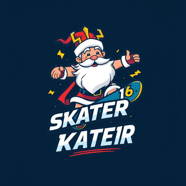 A dynamic and creative logo design featuring Zeus as a Santa Claus character, skillfully riding a skateboard