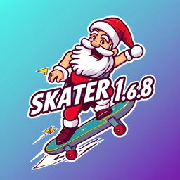 A dynamic and creative logo design featuring Zeus as a Santa Claus character, skillfully riding a skateboard