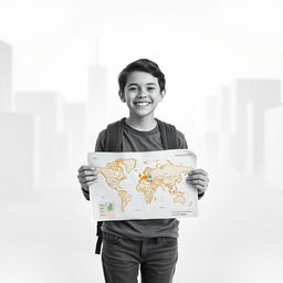 A happy teenager standing in a colorless world, holding a map in their hands