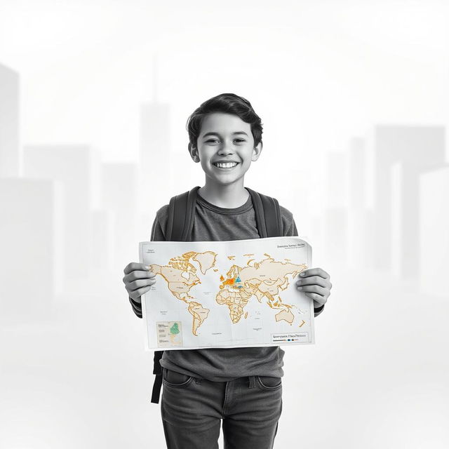 A happy teenager standing in a colorless world, holding a map in their hands