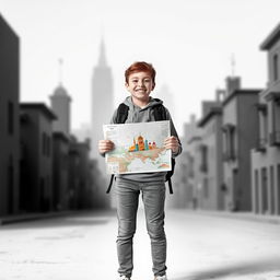 A happy teenager standing in a colorless world, holding a map in their hands