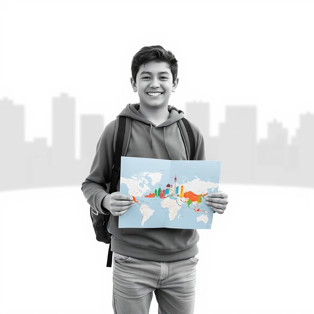 A happy teenager standing in a colorless world, holding a map in their hands