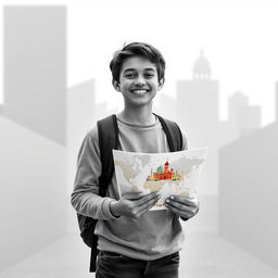 A happy teenager standing in a colorless world, holding a map in their hands