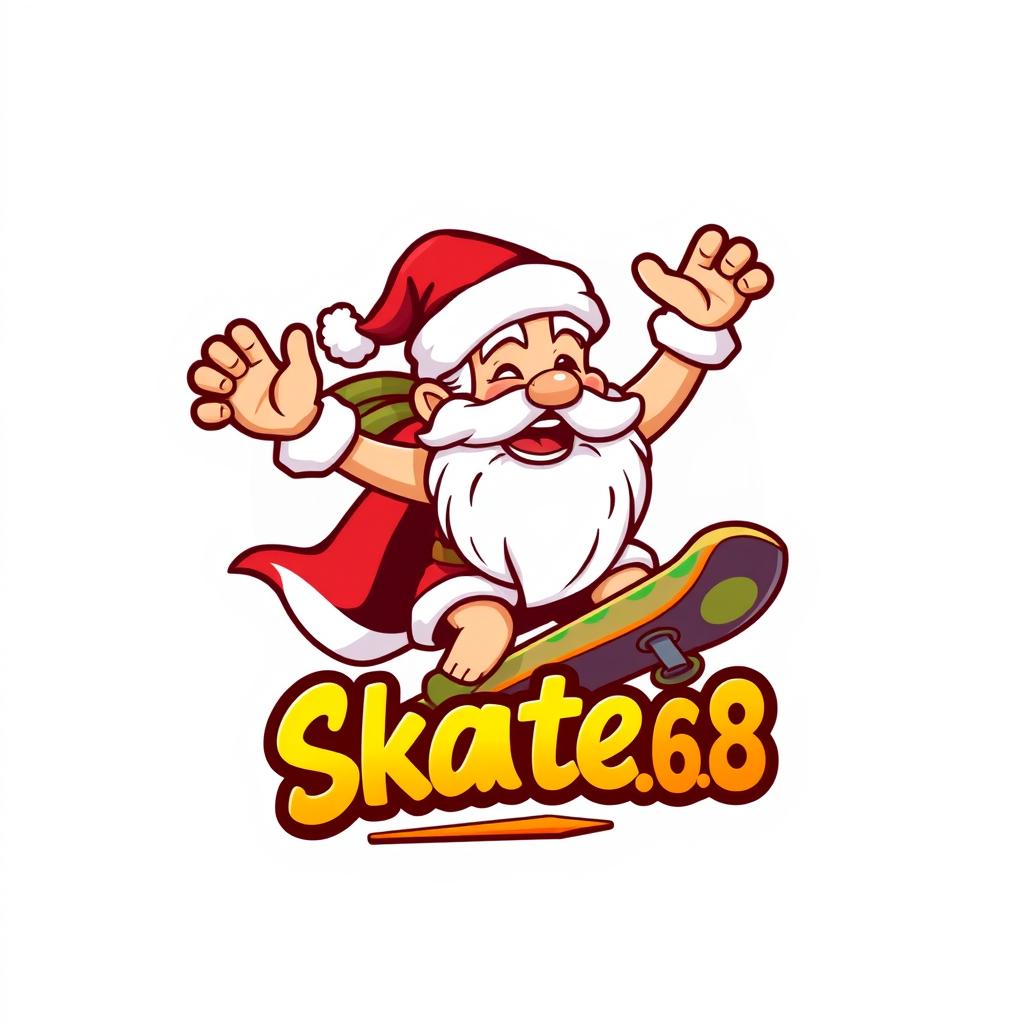 A vibrant and playful logo design featuring a cartoon-style depiction of Zeus as a Santa Claus character, joyfully riding a skateboard