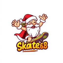 A vibrant and playful logo design featuring a cartoon-style depiction of Zeus as a Santa Claus character, joyfully riding a skateboard