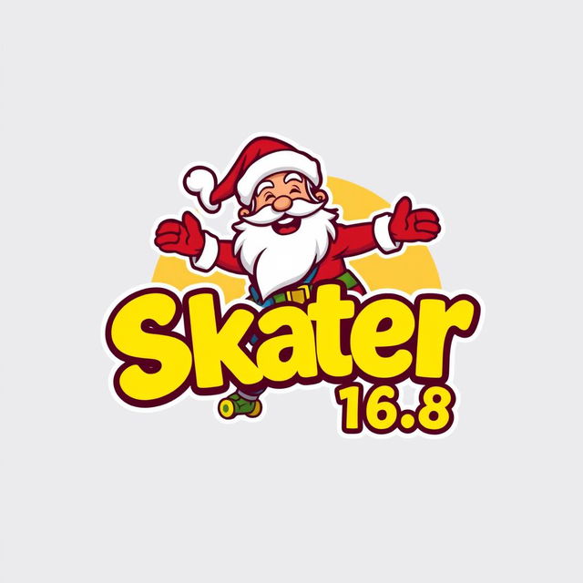 A vibrant and playful logo design featuring a cartoon-style depiction of Zeus as a Santa Claus character, joyfully riding a skateboard