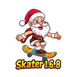 A vibrant and playful logo design featuring a cartoon-style depiction of Zeus as a Santa Claus character, joyfully riding a skateboard