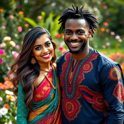 A captivating blend of beauty, featuring a confident Indian woman and a charismatic African man, both dressed in traditional attire