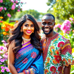 A captivating blend of beauty, featuring a confident Indian woman and a charismatic African man, both dressed in traditional attire
