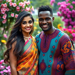 A captivating blend of beauty, featuring a confident Indian woman and a charismatic African man, both dressed in traditional attire