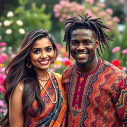 A captivating blend of beauty, featuring a confident Indian woman and a charismatic African man, both dressed in traditional attire