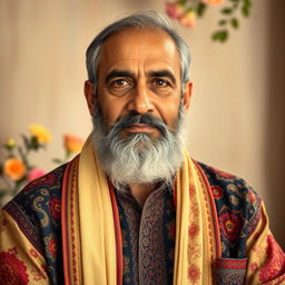A portrait of a distinguished figure named Ajmal Raza, dressed in traditional attire with intricate patterns and vibrant colors, set against a serene background