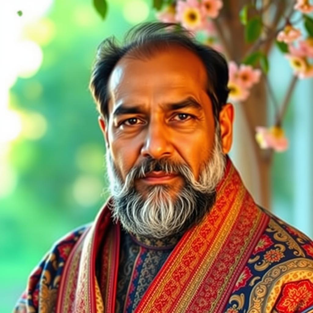 A portrait of a distinguished figure named Ajmal Raza, dressed in traditional attire with intricate patterns and vibrant colors, set against a serene background