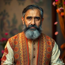 A portrait of a distinguished figure named Ajmal Raza, dressed in traditional attire with intricate patterns and vibrant colors, set against a serene background