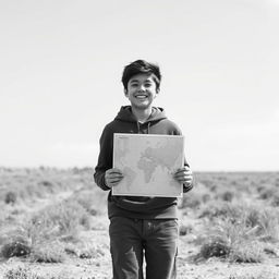 A happy teenager standing in a desaturated world, holding a map in their hands