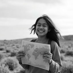 A happy teenager standing in a desaturated world, holding a map in their hands